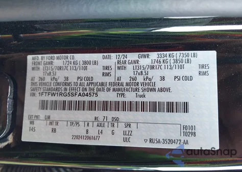 2025 Ford F-150 Raptor из США, поврежденный, VIN 1FTFW1RG5SFA04575